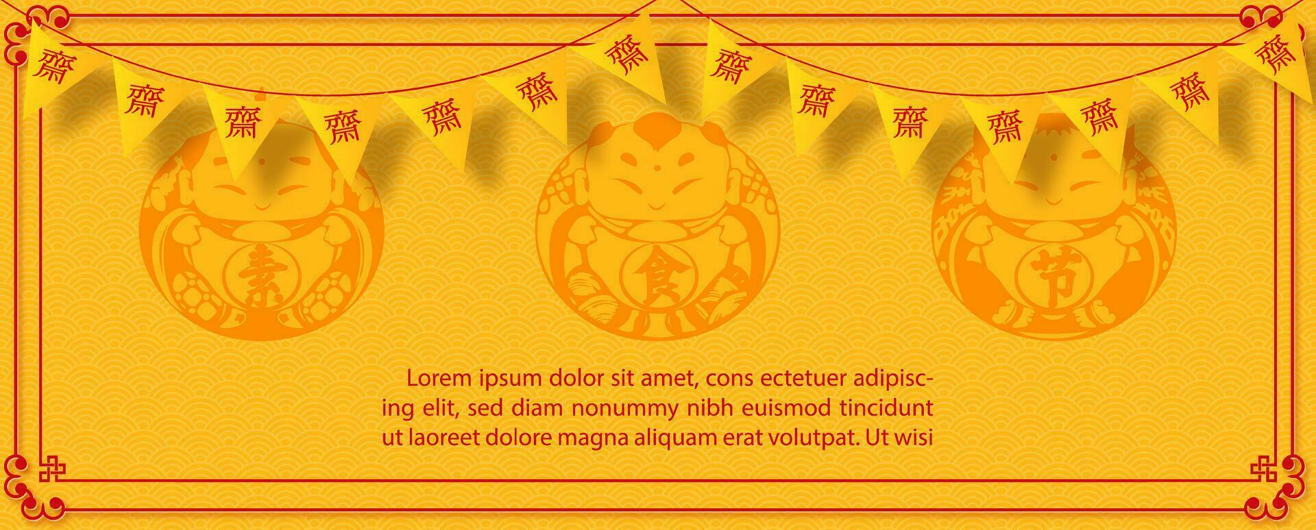 chino vegano festival triángulo banderas con decoración marco y ejemplo textos en rojo chino Dios y amarillo antecedentes. rojo chino letras es sentido chino vegetariano festival en inglés. vector