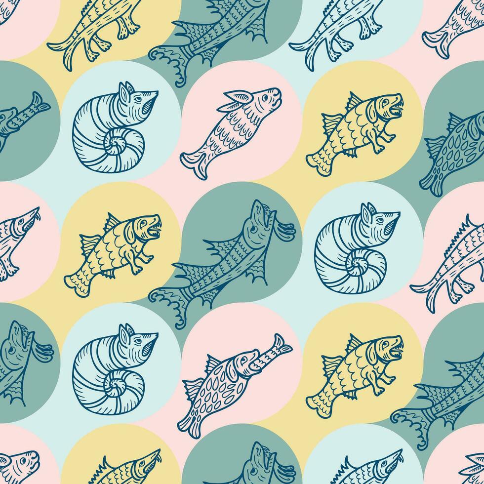 Sketch style ancient sea monsters and beasts seamless pattern. Mysterious print for tee, paper, textile and fabric. Doodle vector illustration.