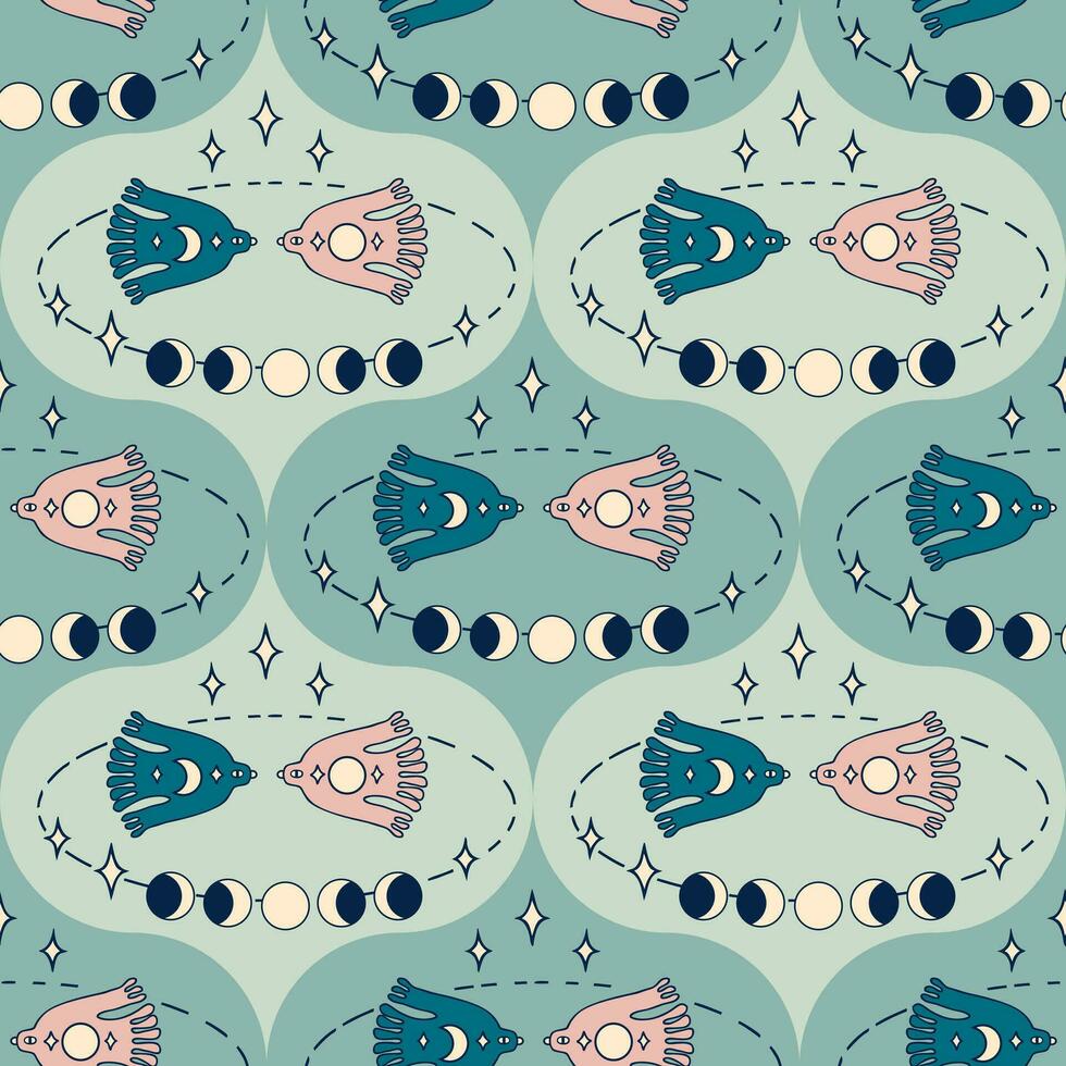 Damask style seamless pattern, birds day and night, moon phases, stars. Magic print for tee, paper, textile and fabric. Doodle vector illustration.
