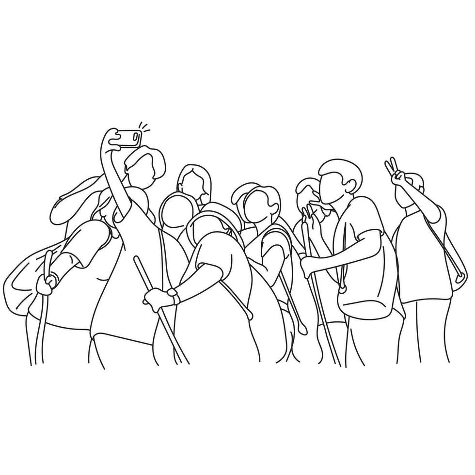 trekking personas tomando selfie imagen juntos ilustración vector mano dibujado aislado en blanco antecedentes