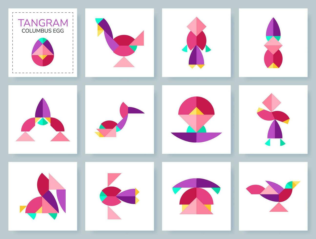 Tangram puzzle game for kids. Colorful geometric collection with isolated objects. Columbus Egg. Various icons on white backdrop. Vector illustration