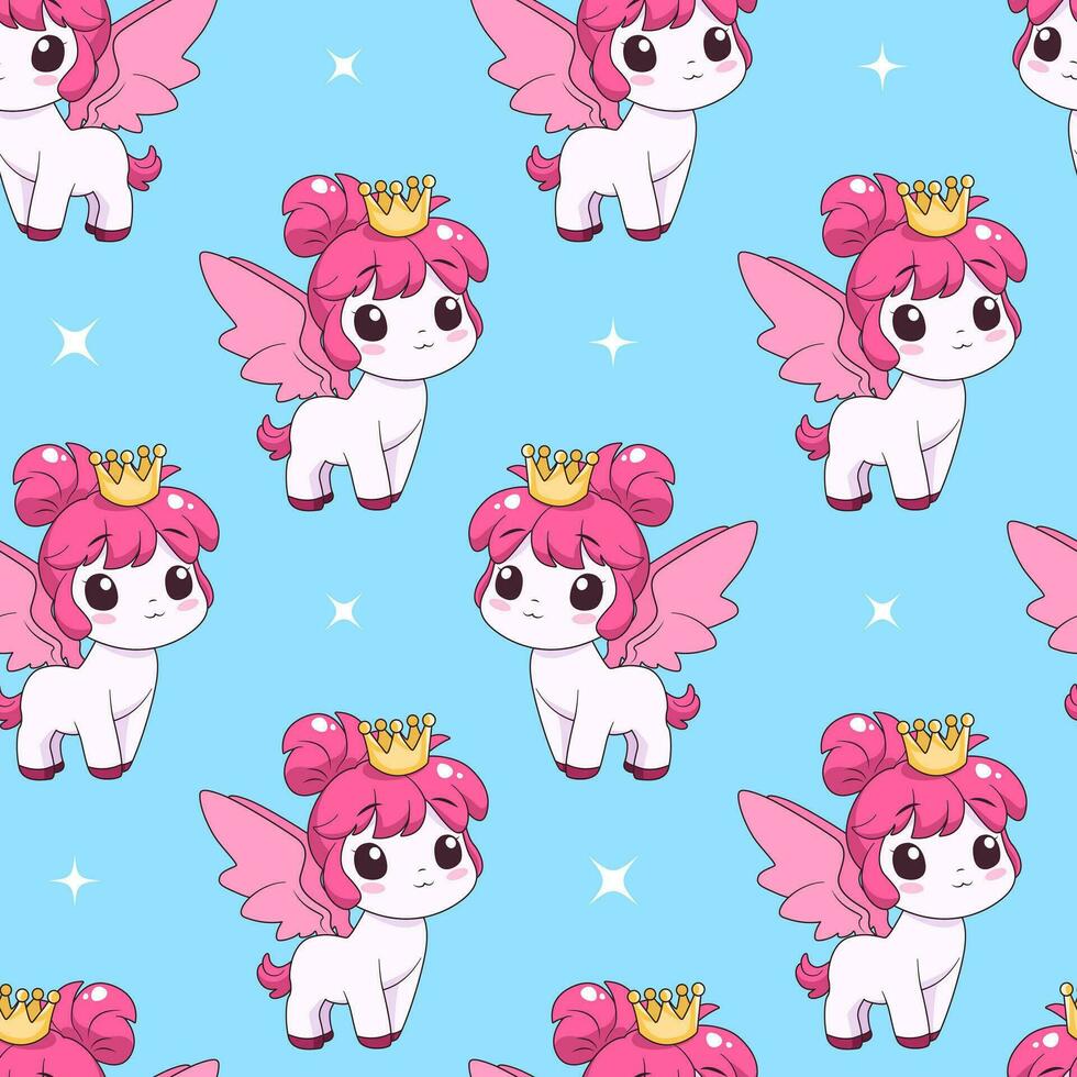 Seamless pattern with cute magic pony, crown and stars. Repeated tile with cartoon characters on blue backdrop. Childish vector design for fabric, print, wrapper, textile, print for kids.