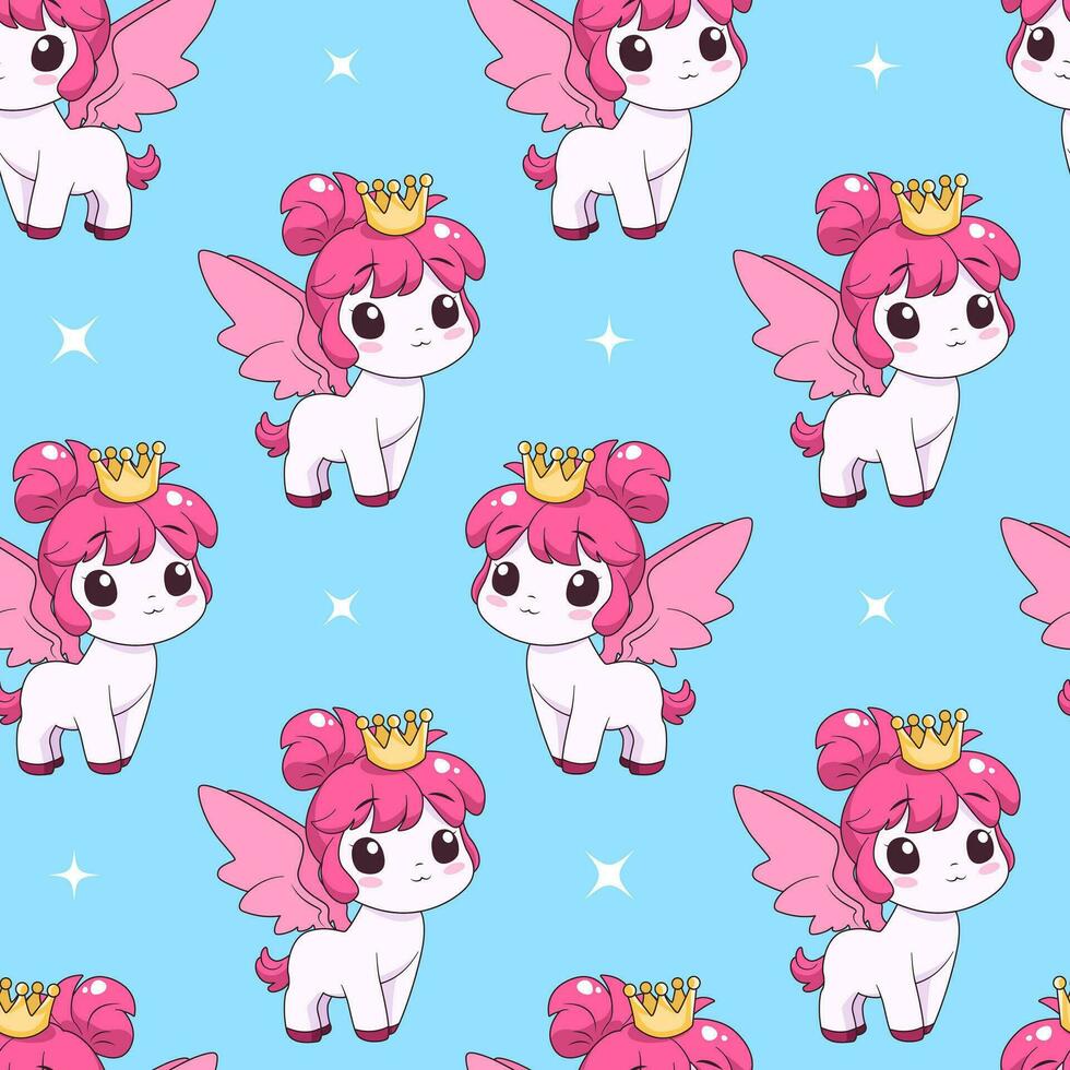 Seamless pattern with cute magic pony, crown and stars. Repeated tile with cartoon characters on blue backdrop. Childish vector design for fabric, print, wrapper, textile, print for kids.