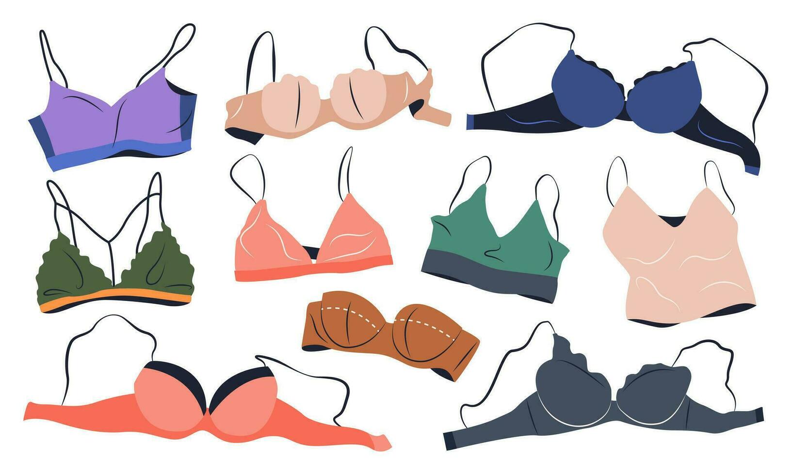 Set of bra, underwear for women. Fashion collection with various types of underclothing. isolated hand drawn cartoon vector illustrations with colorful lingerie on white background.