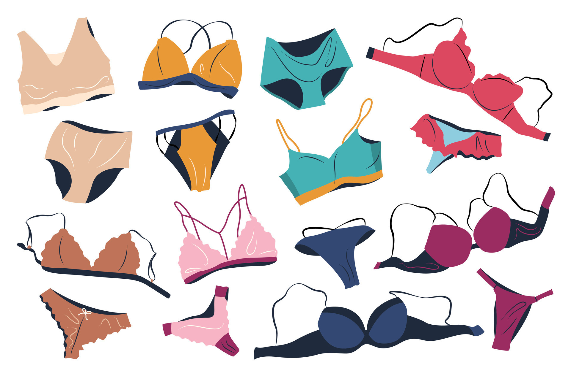 Bundle of female lingerie sets isolated on white background. Collection of  elegant undergarments, sexy underwear, bras, bikini and panties for women.  Hand drawn colorful flat vector illustrations. 35300056 Vector Art at  Vecteezy