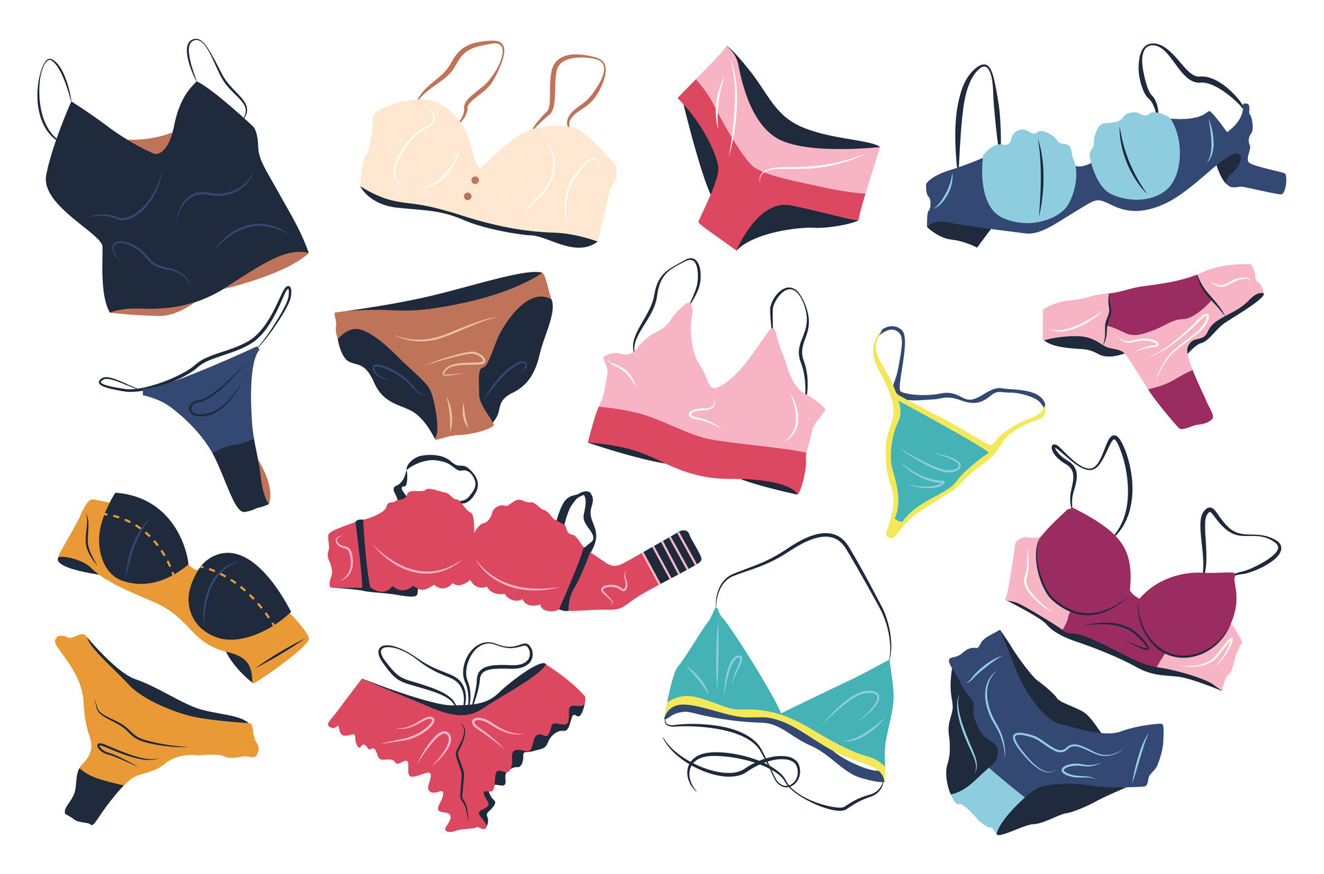 Bundle of female lingerie sets isolated on white background. Collection of  elegant undergarments, sexy underwear, bras, bikini and panties for women.  Hand drawn colorful flat vector illustrations. 35300057 Vector Art at  Vecteezy
