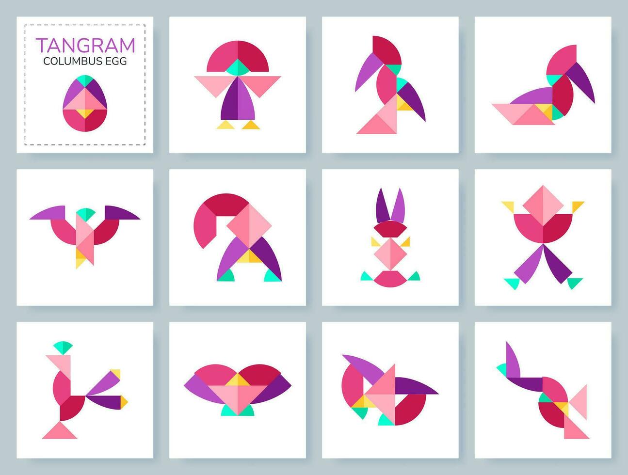 Tangram puzzle game for kids. Colorful geometric collection with isolated objects. Columbus Egg. Various icons on white backdrop. Vector illustration