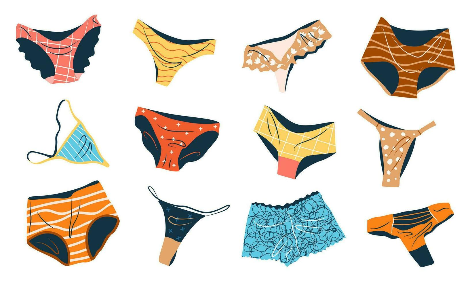 Set of panties, underwear for women. Fashion collection with various types of underclothing. String, thong, tanga, bikini. isolated cartoon vector illustrations with lingerie on white background.