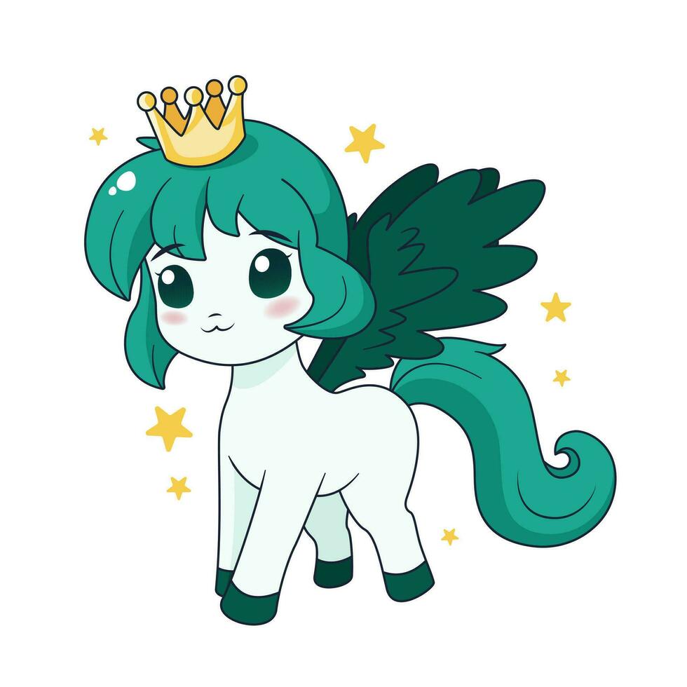 Cute cartoon pony with wings, crown and stars. isolated vector illustration with magic animal on white background. Flat art for print, posters, covers and etc.