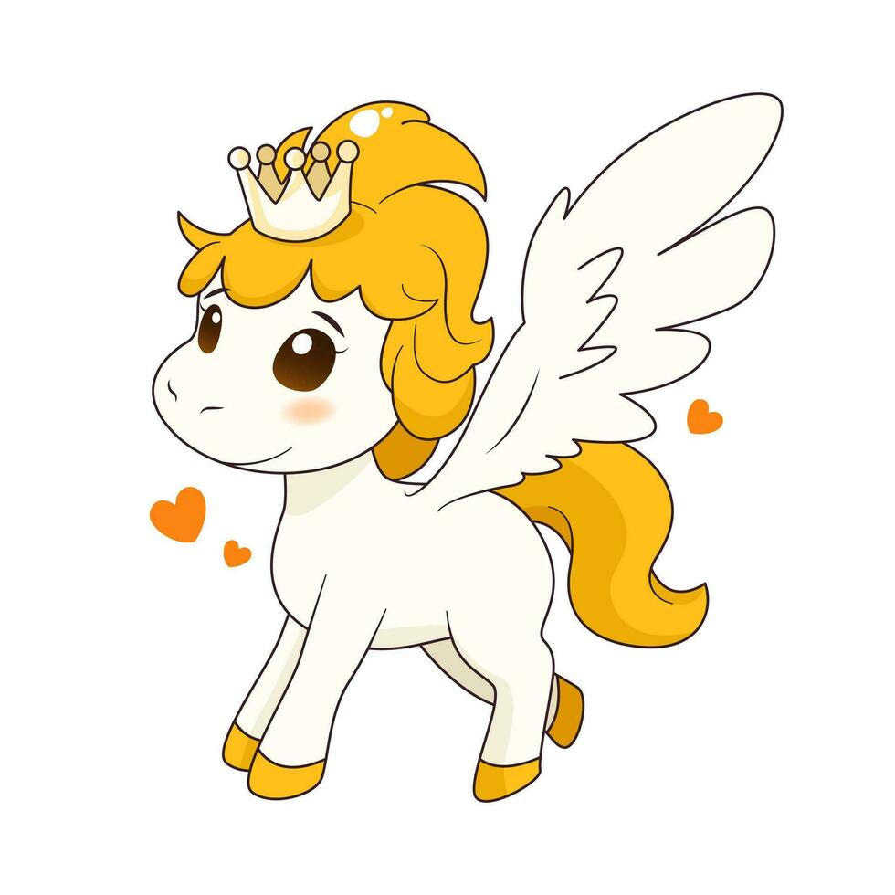 Cute cartoon pony with wings, crown and hearts. isolated vector illustration with magic animal on white background. Flat art for print, posters, covers and etc.