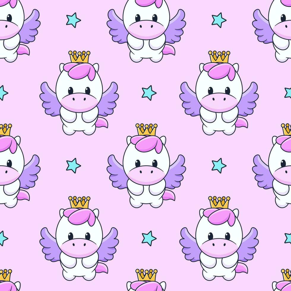 Seamless pattern with cute magic pony with wings, crown and stars. Repeated tile with cartoon characters on pink backdrop. Childish vector design for fabric, print, wrapper, textile, print for kids.