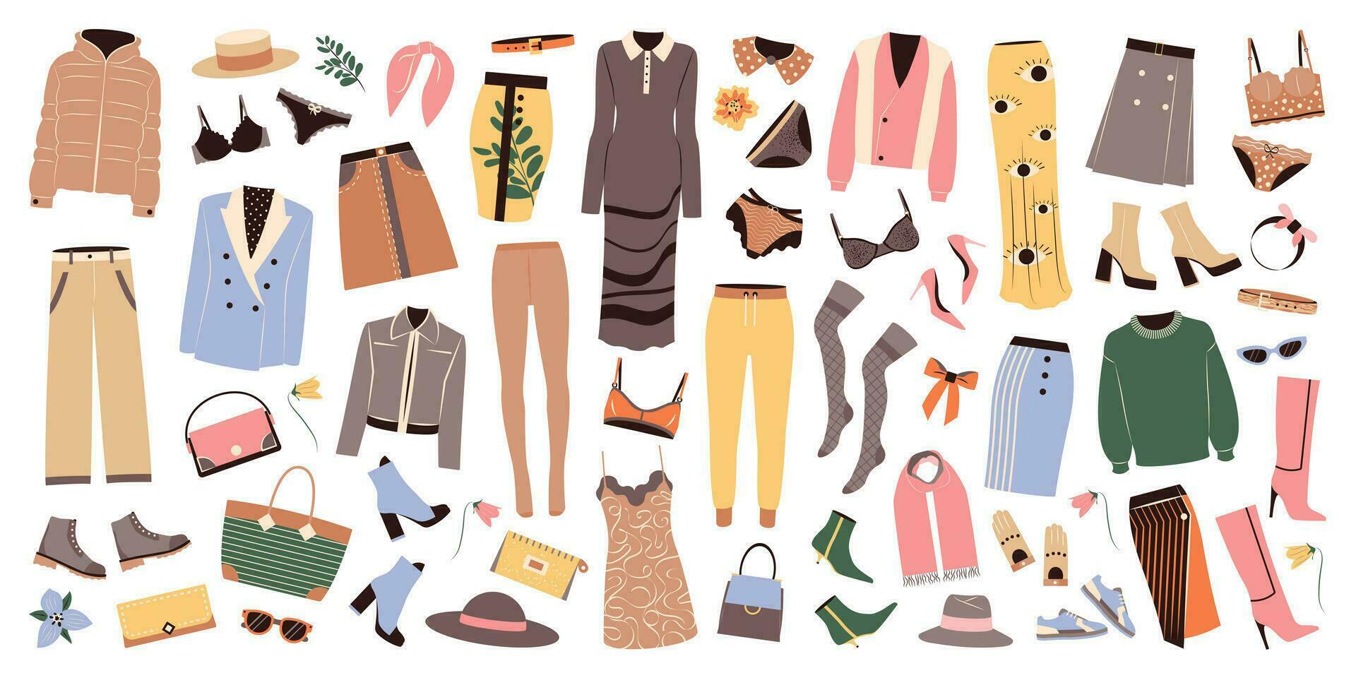 Big set of fashion clothing and accessories for spring season. Female apparel, dresses, pants, shoes, lingerie, hats, bags in casual style. Flat vector illustrations isolated on white background.