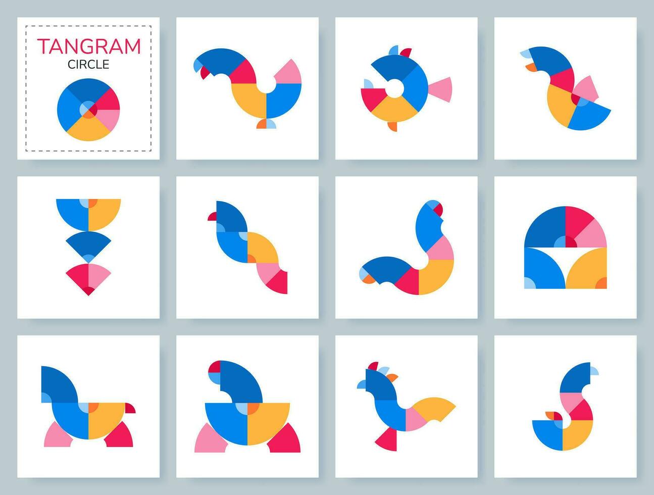 tangram rompecabezas juego para niños. vistoso geométrico colección con aislado objetos, animales, aves. tangram círculo. varios íconos en blanco fondo. vector ilustración