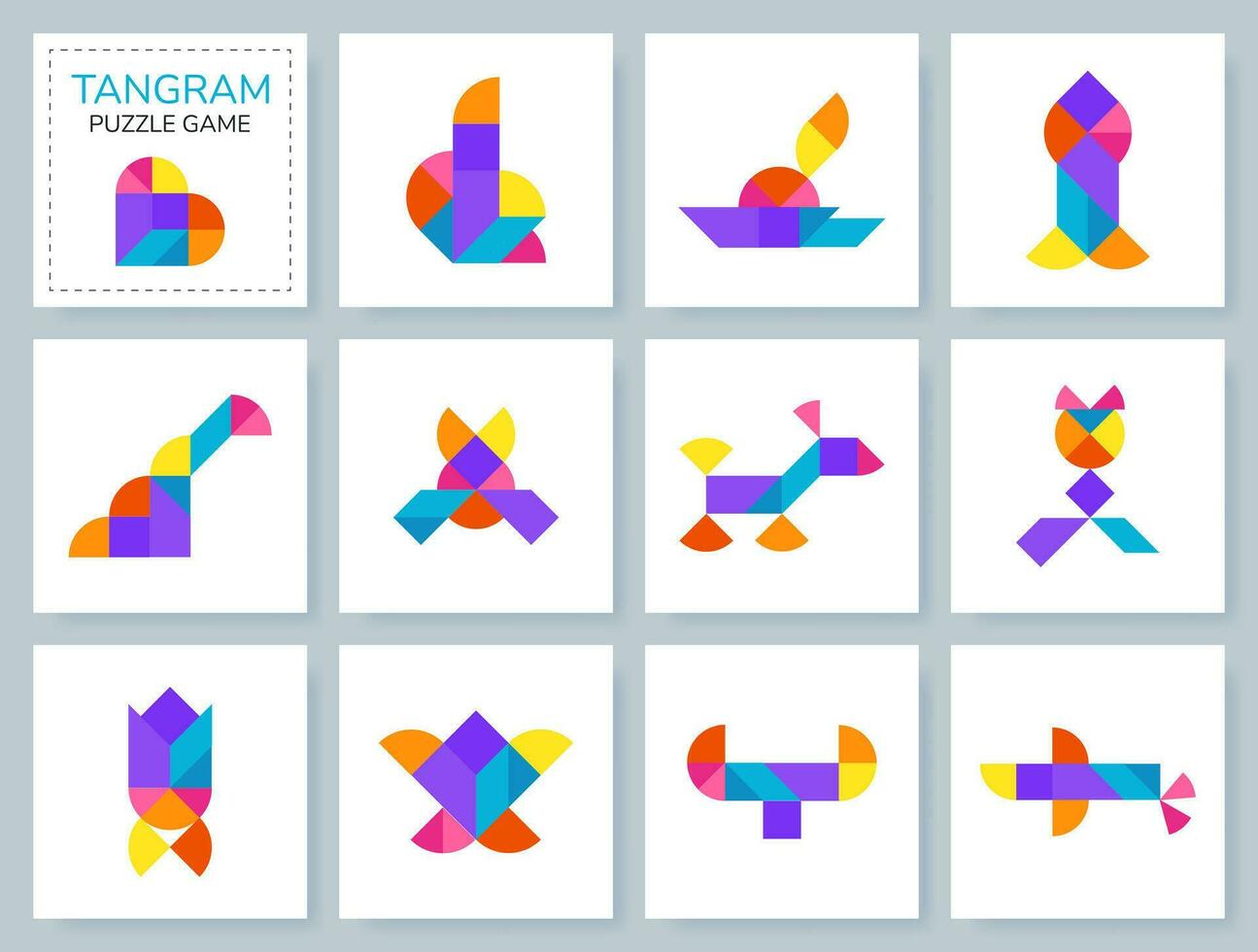 Tangram puzzle game for kids. Colorful geometric collection with isolated objects, animals, transport, birds. Tangram Leaf. Various icons on white backdrop. Vector illustration