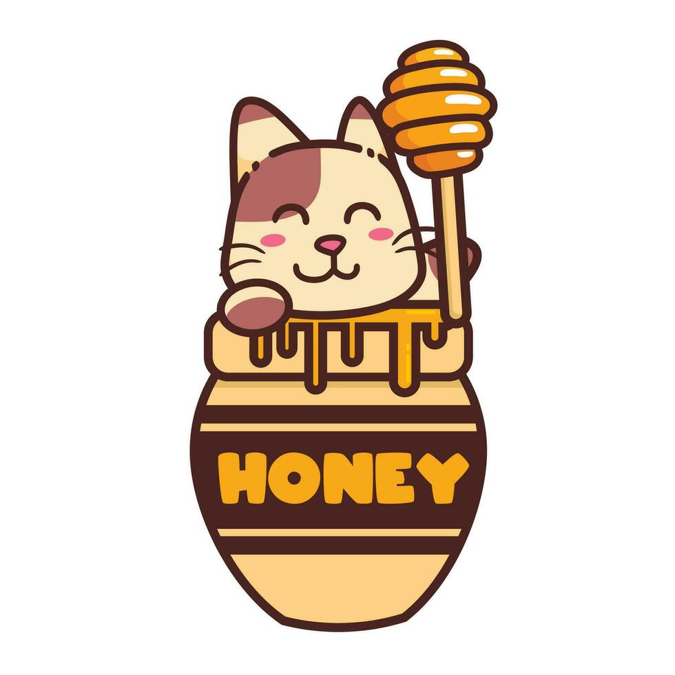 Cute Adorable Happy Brown Cat Eat Honey cartoon doodle vector illustration flat design style