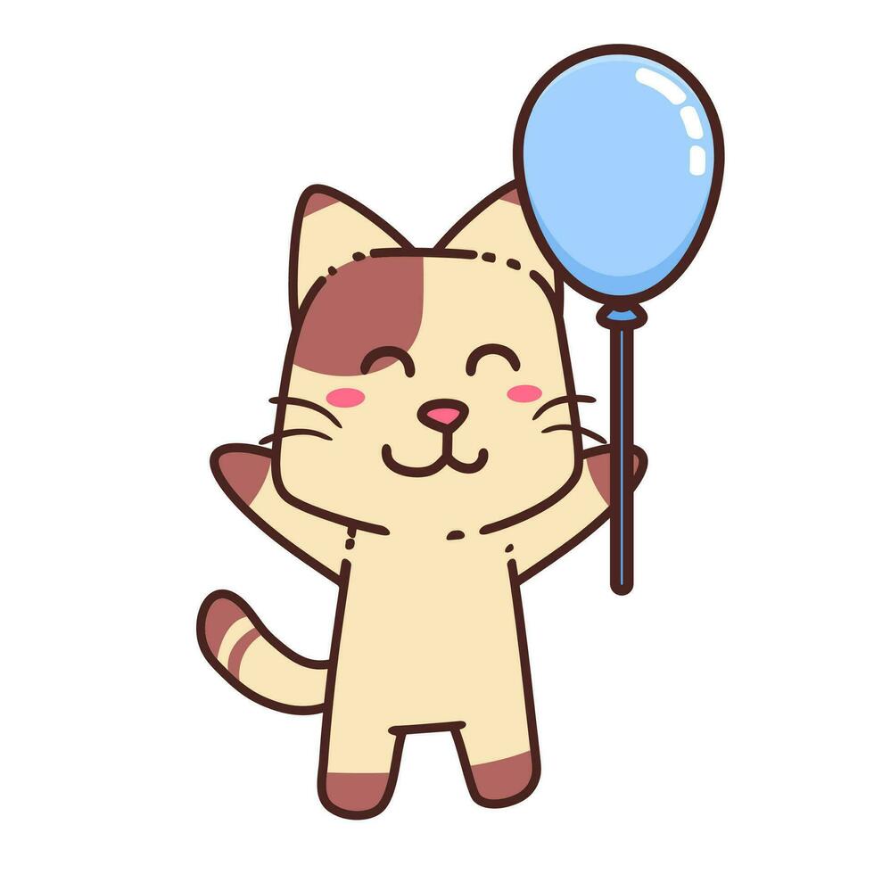 linda adorable contento marrón gato y azul globo dibujos animados garabatear vector ilustración plano diseño estilo