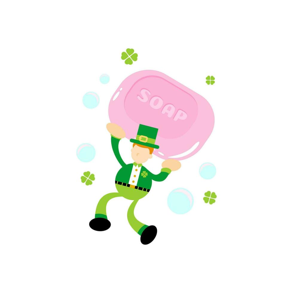 green leprechaun and soap sanitizer hygene cartoon flat design illustration vector