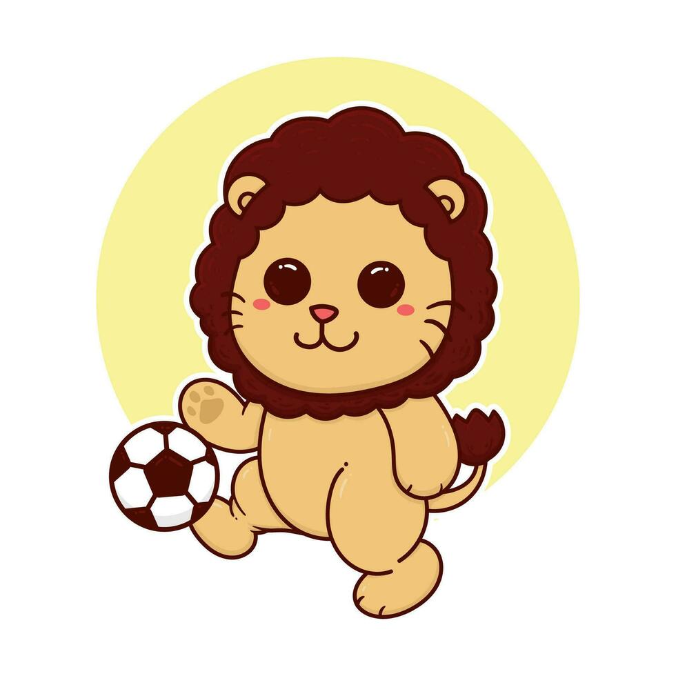 happy cute lion play soccer ball sport adorable cartoon doodle vector