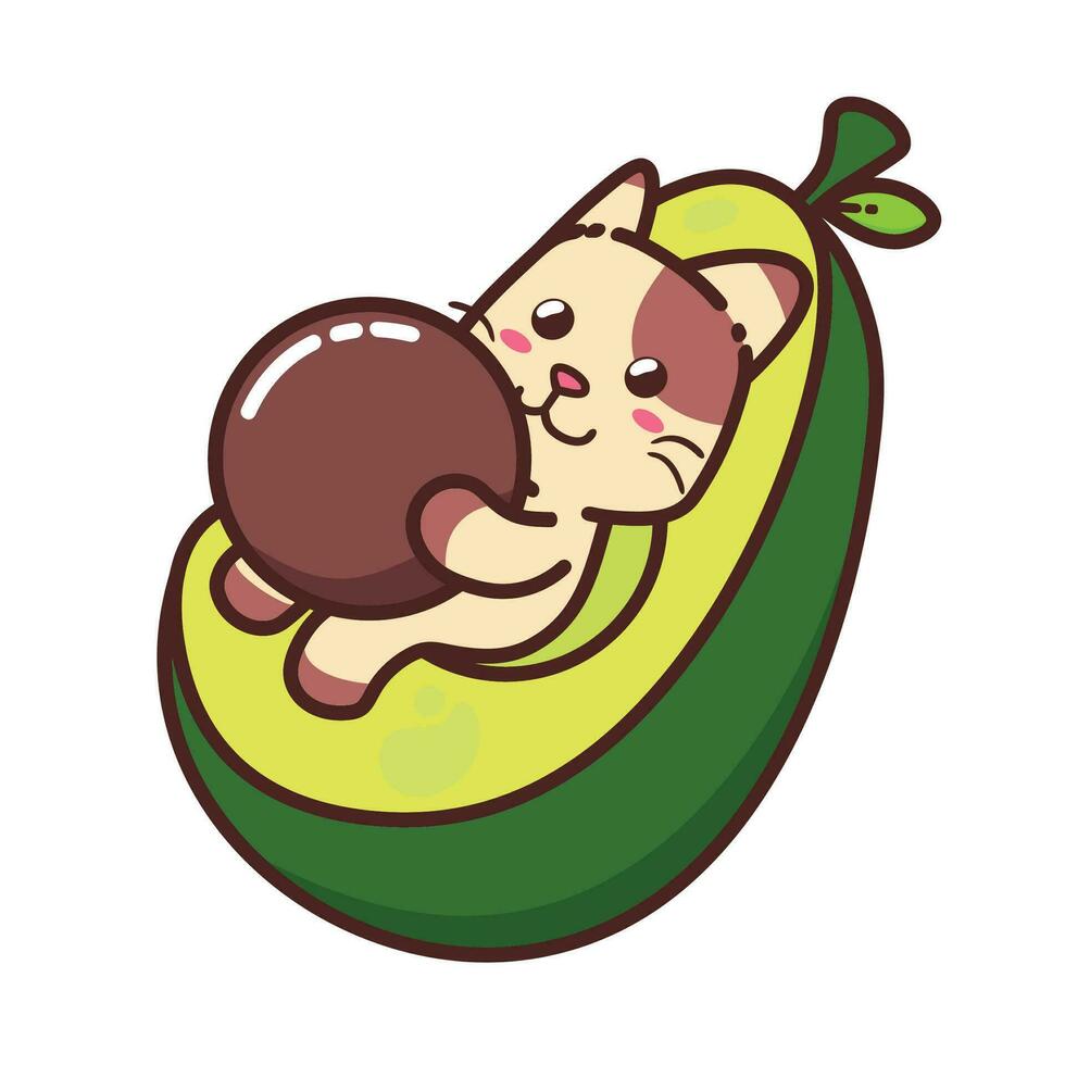 Cute Adorable Happy Brown Cat Eat Big Avocado cartoon doodle vector illustration flat design style