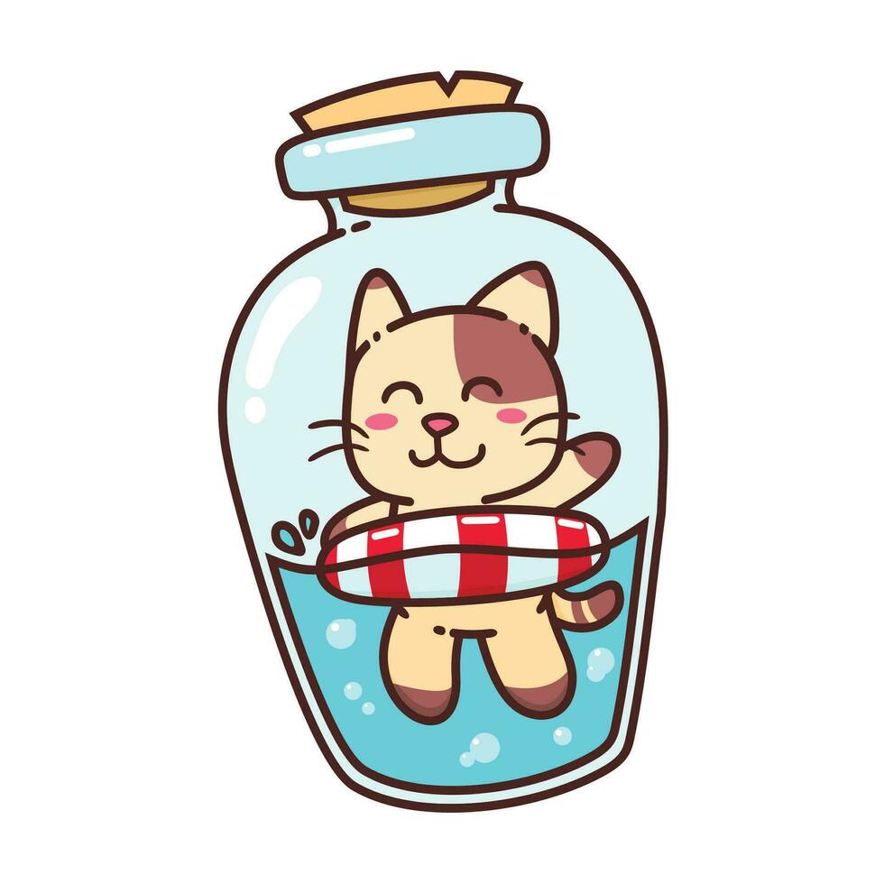 linda adorable contento marrón gato nadar en botella dibujos animados garabatear vector ilustración plano diseño estilo