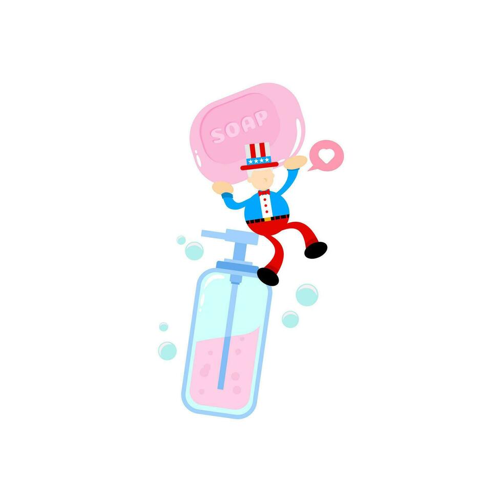 america uncle sam and soap sanitizer hygene cartoon flat design illustration vector