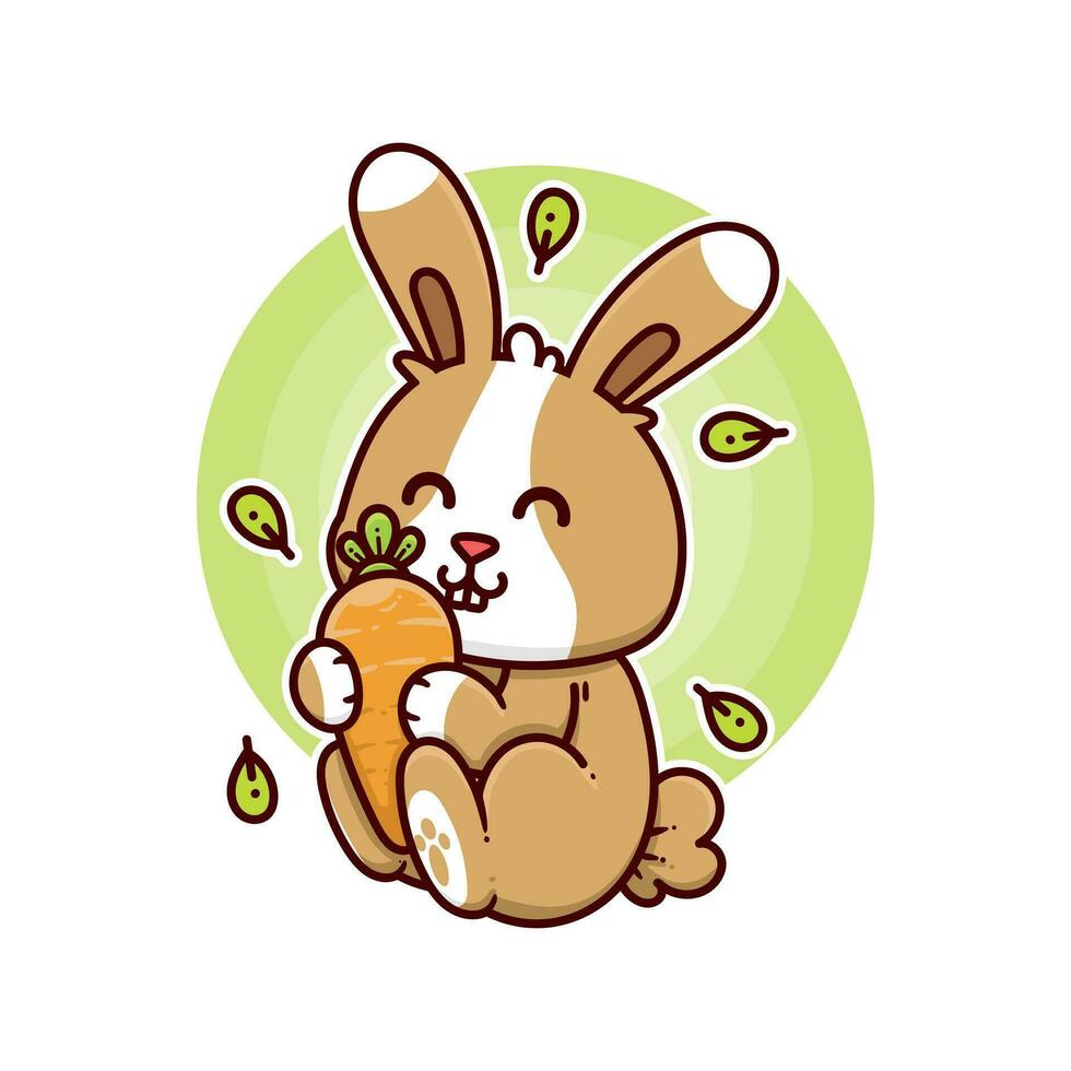 happy rabbit eat carrot adorable cartoon doodle vector illustration flat design style