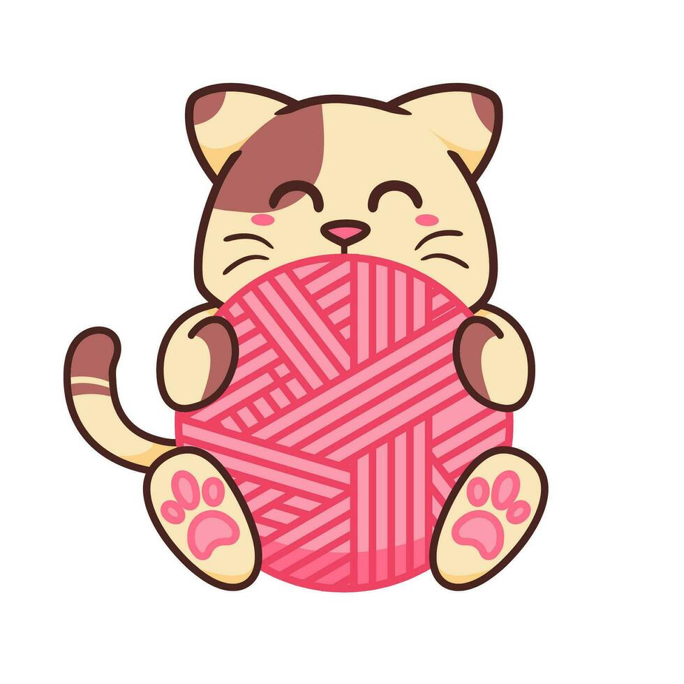 linda adorable contento marrón gato jugar con rosado lana rodar dibujos animados garabatear vector ilustración plano diseño estilo