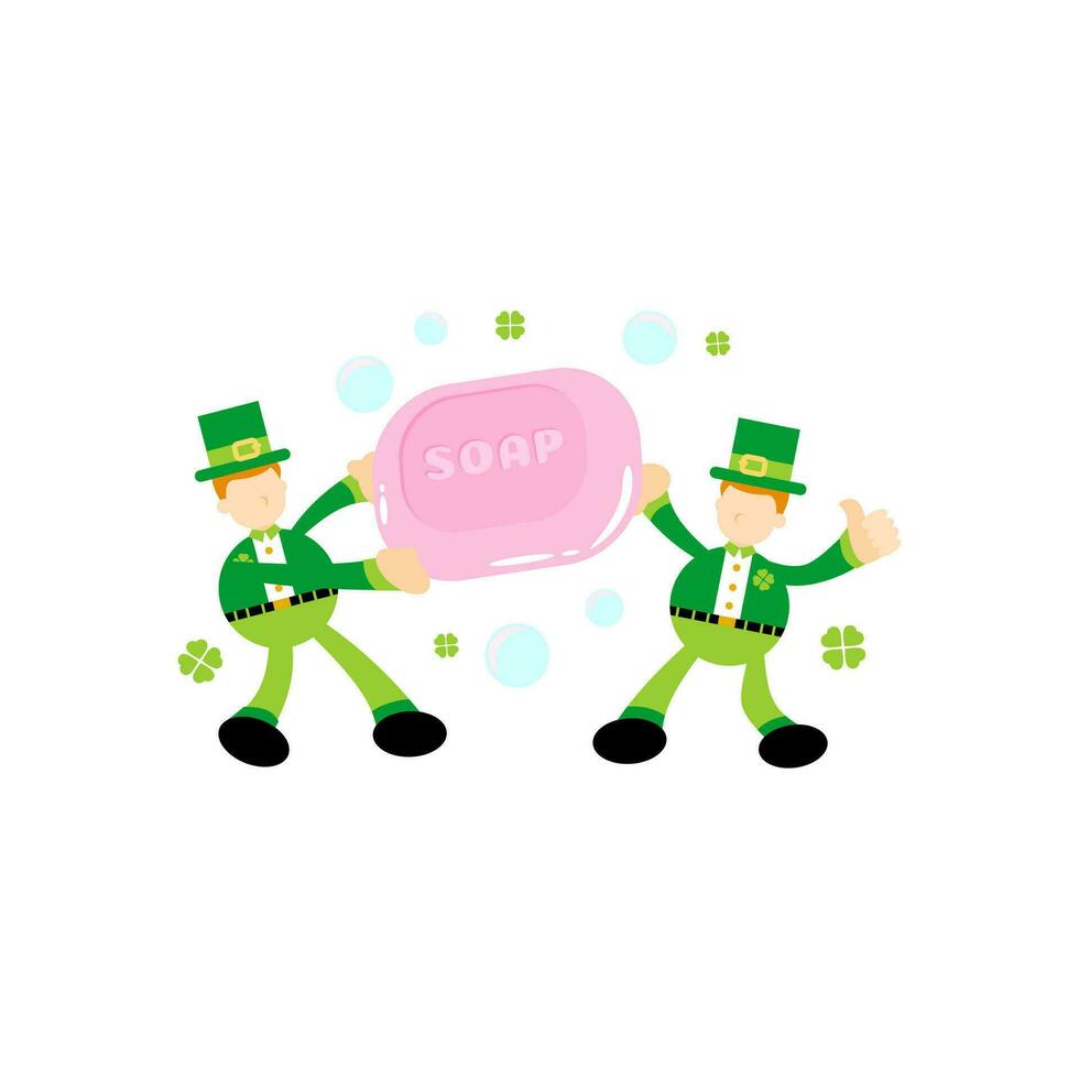 green leprechaun and soap sanitizer hygene cartoon flat design illustration vector