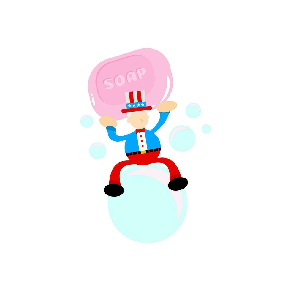 america uncle sam and soap sanitizer hygene cartoon flat design illustration vector