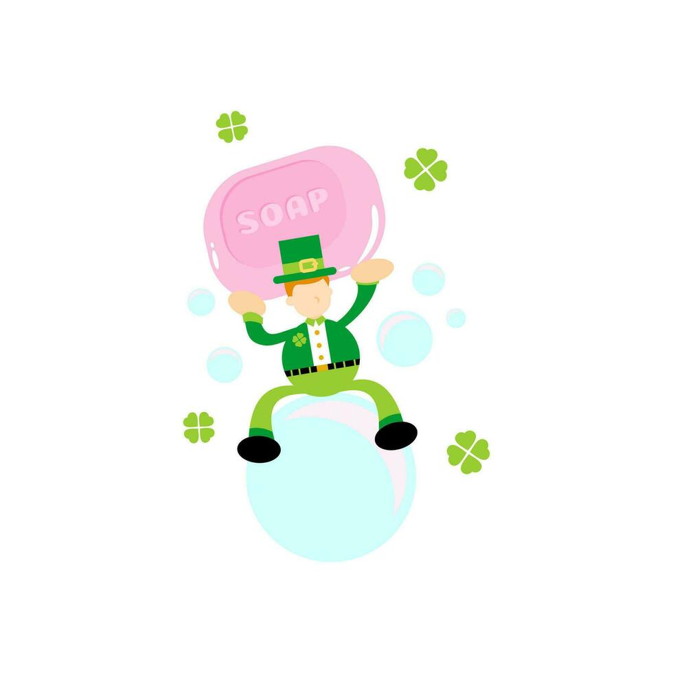 green leprechaun and soap sanitizer hygene cartoon flat design illustration vector