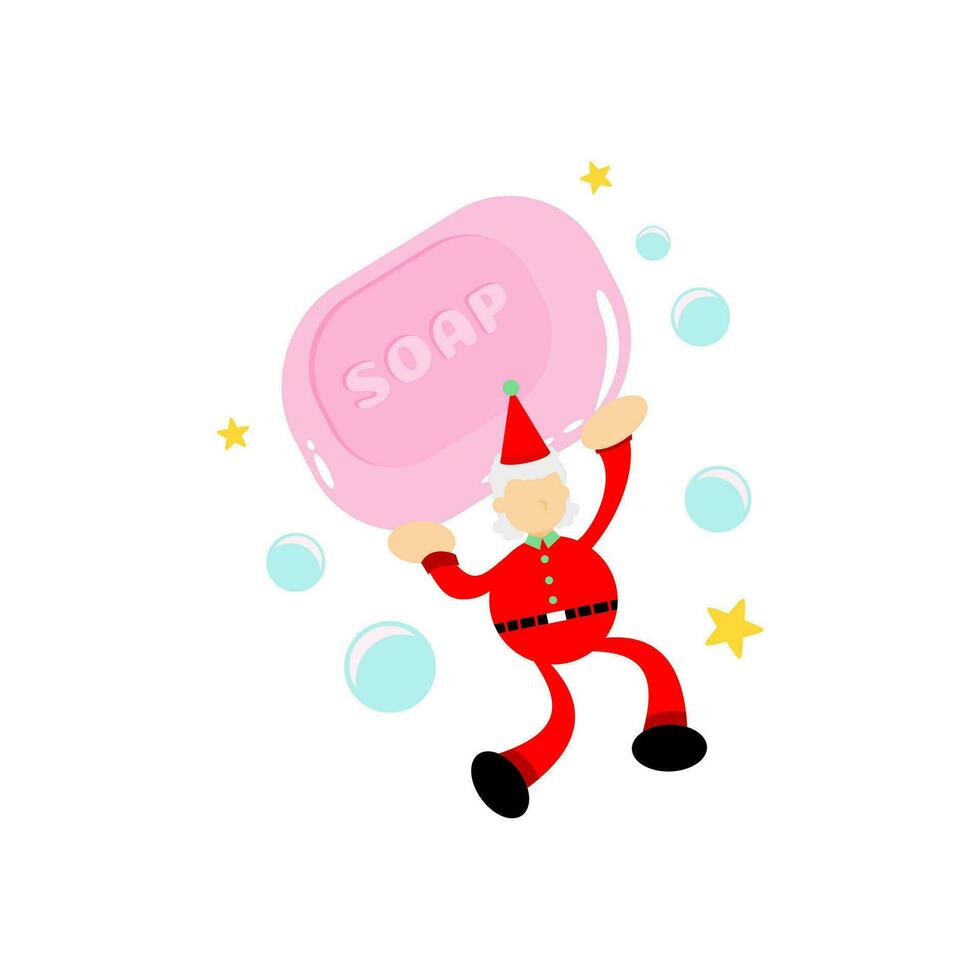 santa christmas and soap sanitizer hygene cartoon flat design illustration vector