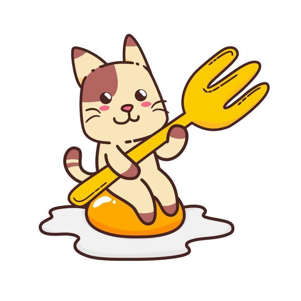 Cute Adorable Happy Brown Cat Eat Sunny Side Up Egg With Big Fork cartoon doodle vector illustration flat design style