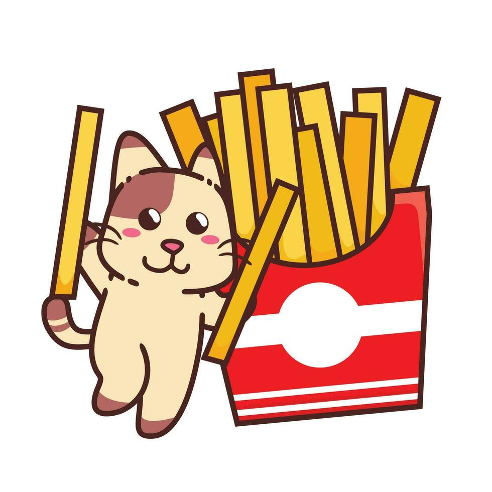 linda adorable contento marrón gato comer patata francés papas fritas palo rápido comida dibujos animados garabatear vector ilustración plano diseño estilo