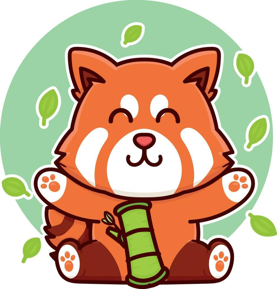 contento rojo panda comer bambú adorable dibujos animados garabatear vector ilustración plano diseño estilo