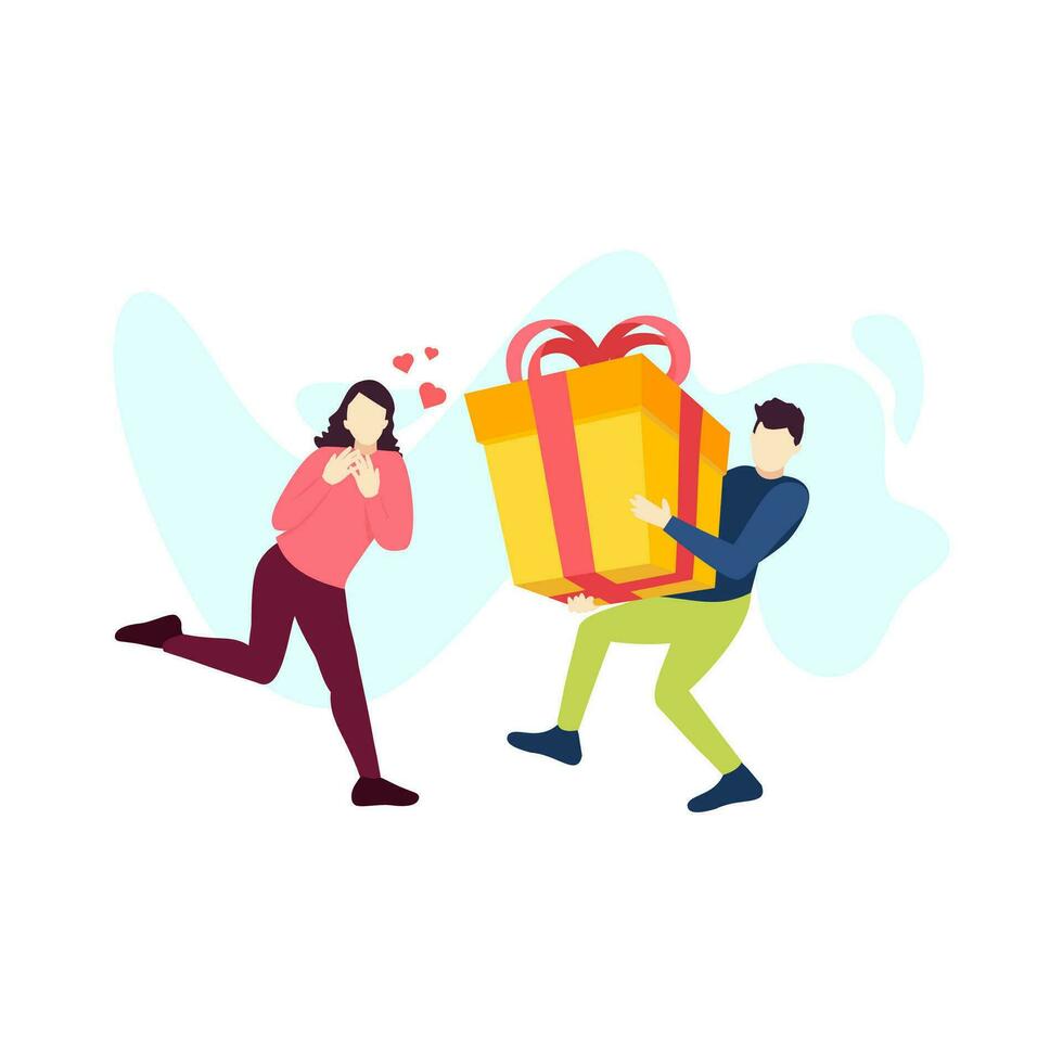 man gives a large gift box to his girlfriend love couple people character vector illustration flat design