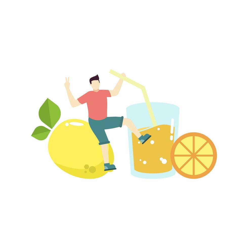 joven hombre participación un vaso de limón jugo personas personaje plano diseño vector ilustración