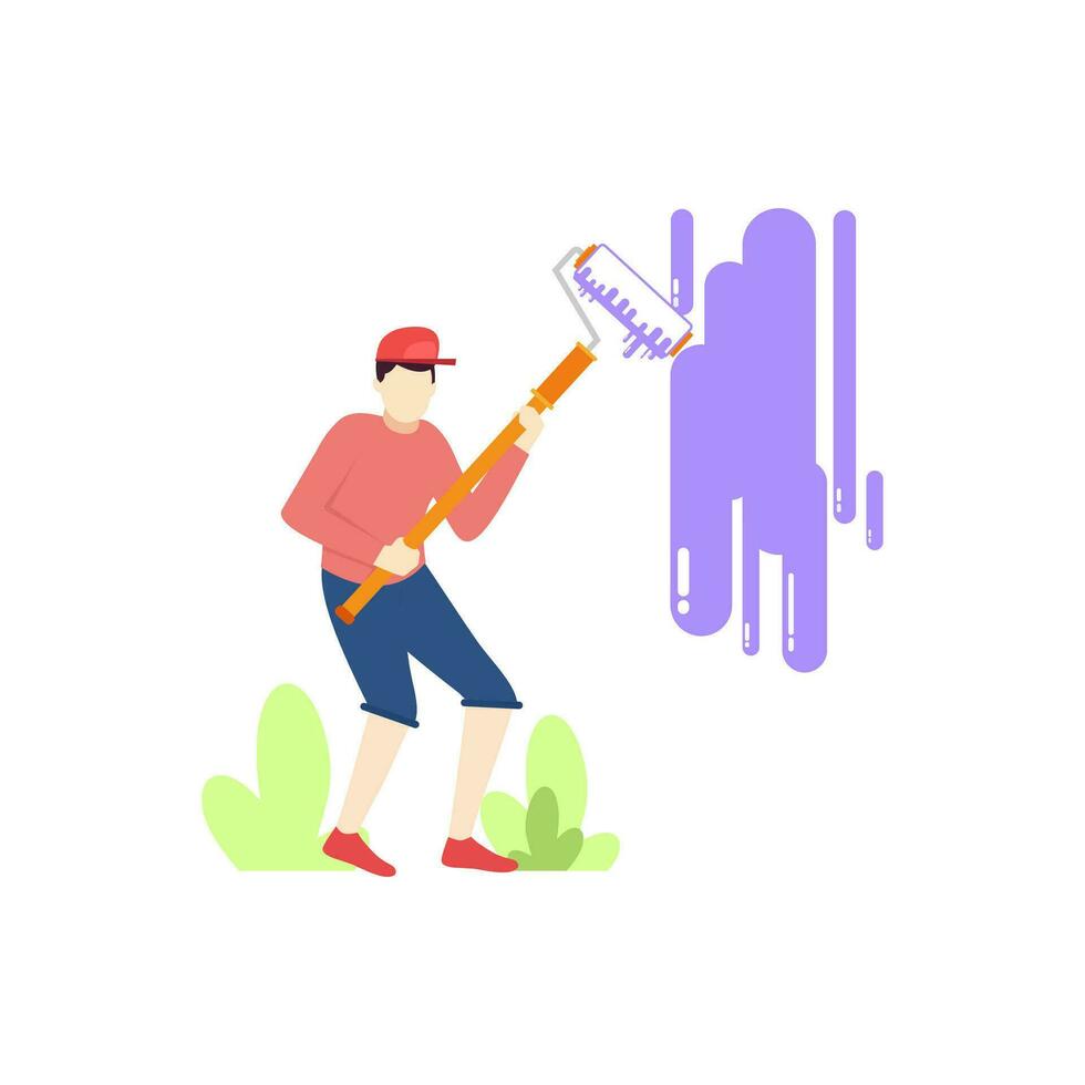Man with paint roller art people character flat design vector illustration
