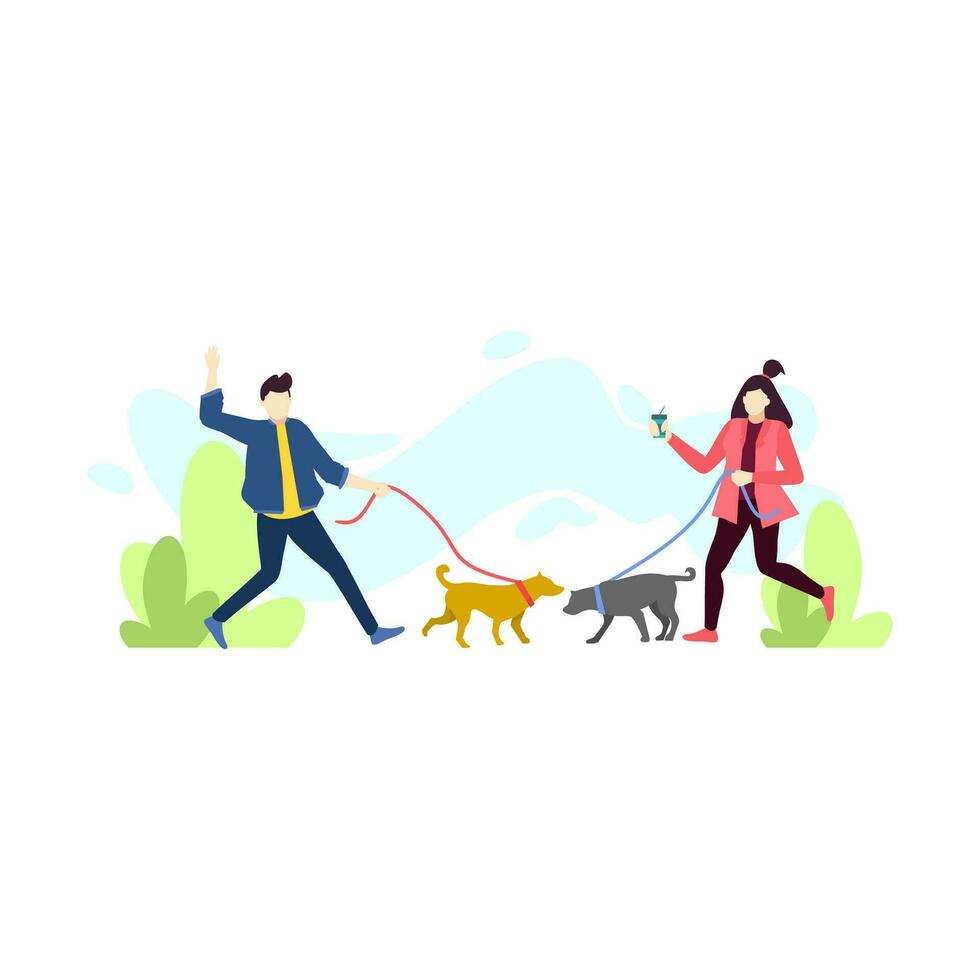 hombre y mujer caminando con mascota perro personas personaje vector ilustración plano diseño