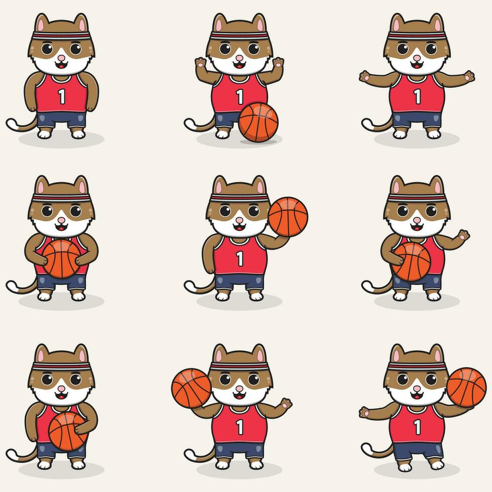 Cat Basketball set. Funny Cat doing Basketball. Cute cartoon character vector set isolated on a white background. Cartoon animal sport. Animal cartoon.