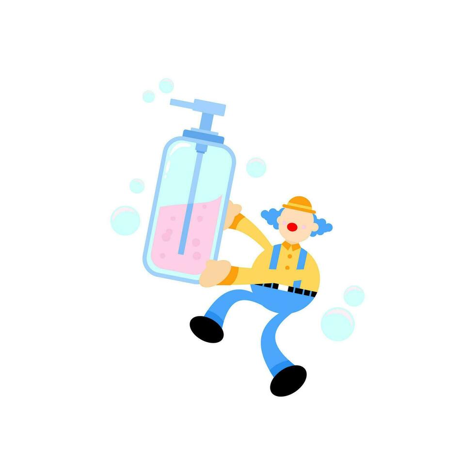 fun clown and soap sanitizer hygene cartoon flat design illustration vector