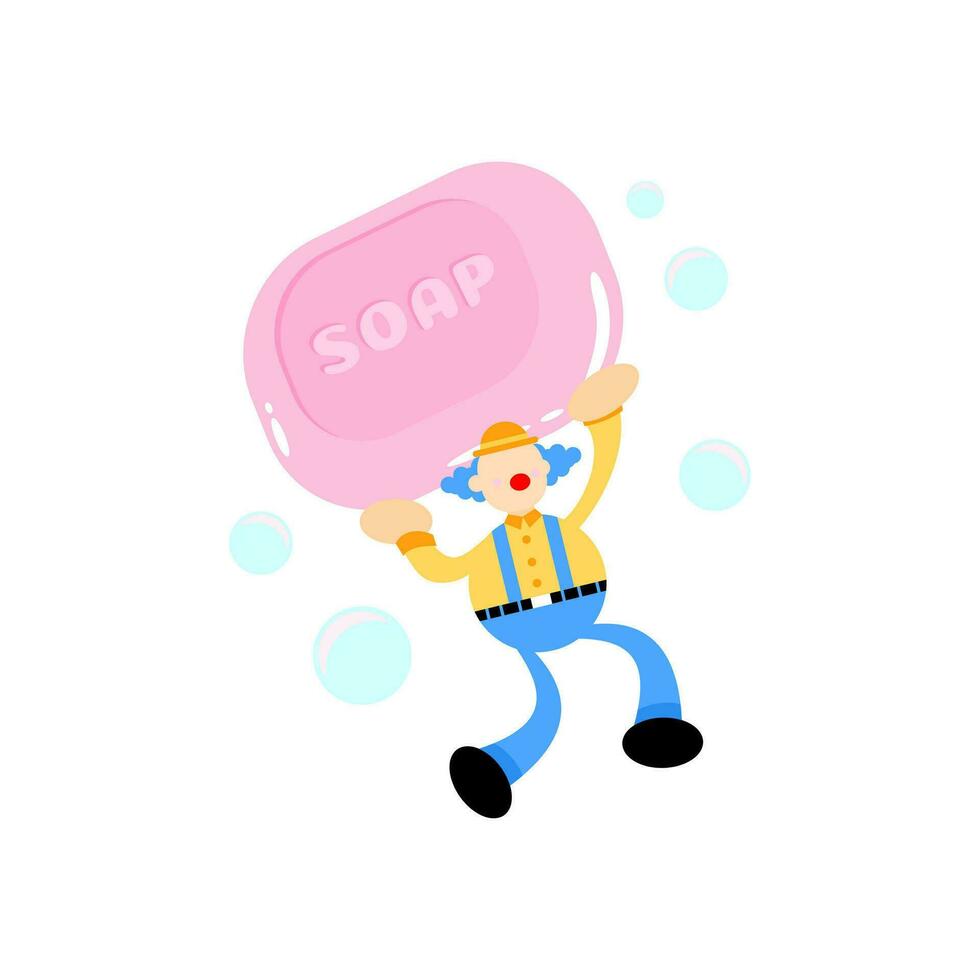 fun clown and soap sanitizer hygene cartoon flat design illustration vector