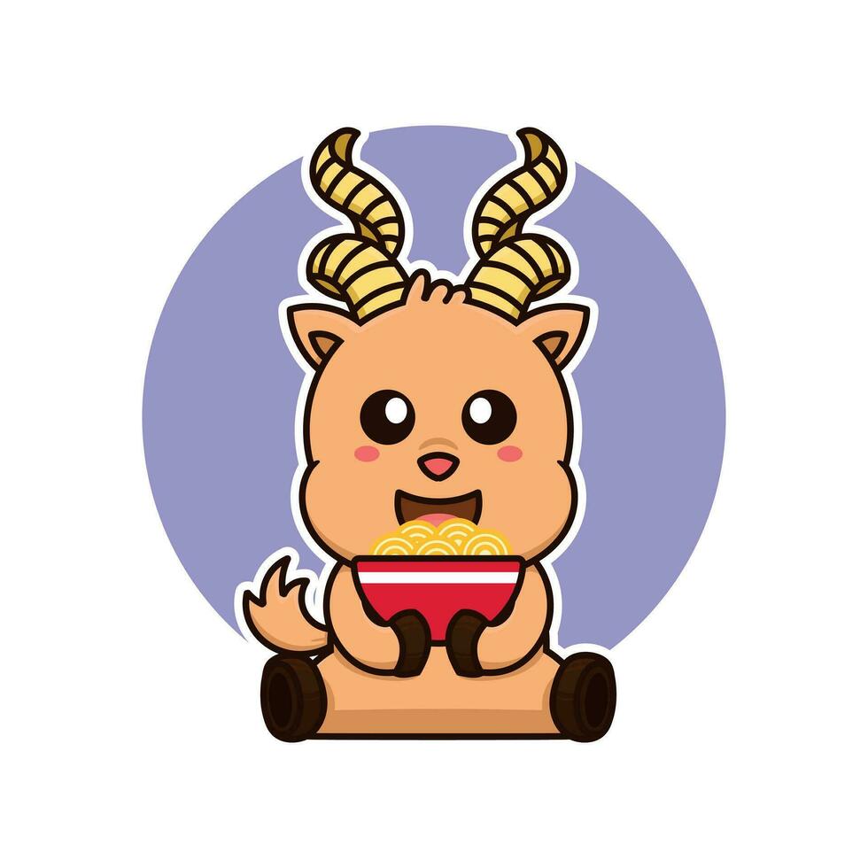 markhor goat eat noodle pasta cute adorable cartoon doodle vector illustration flat design style