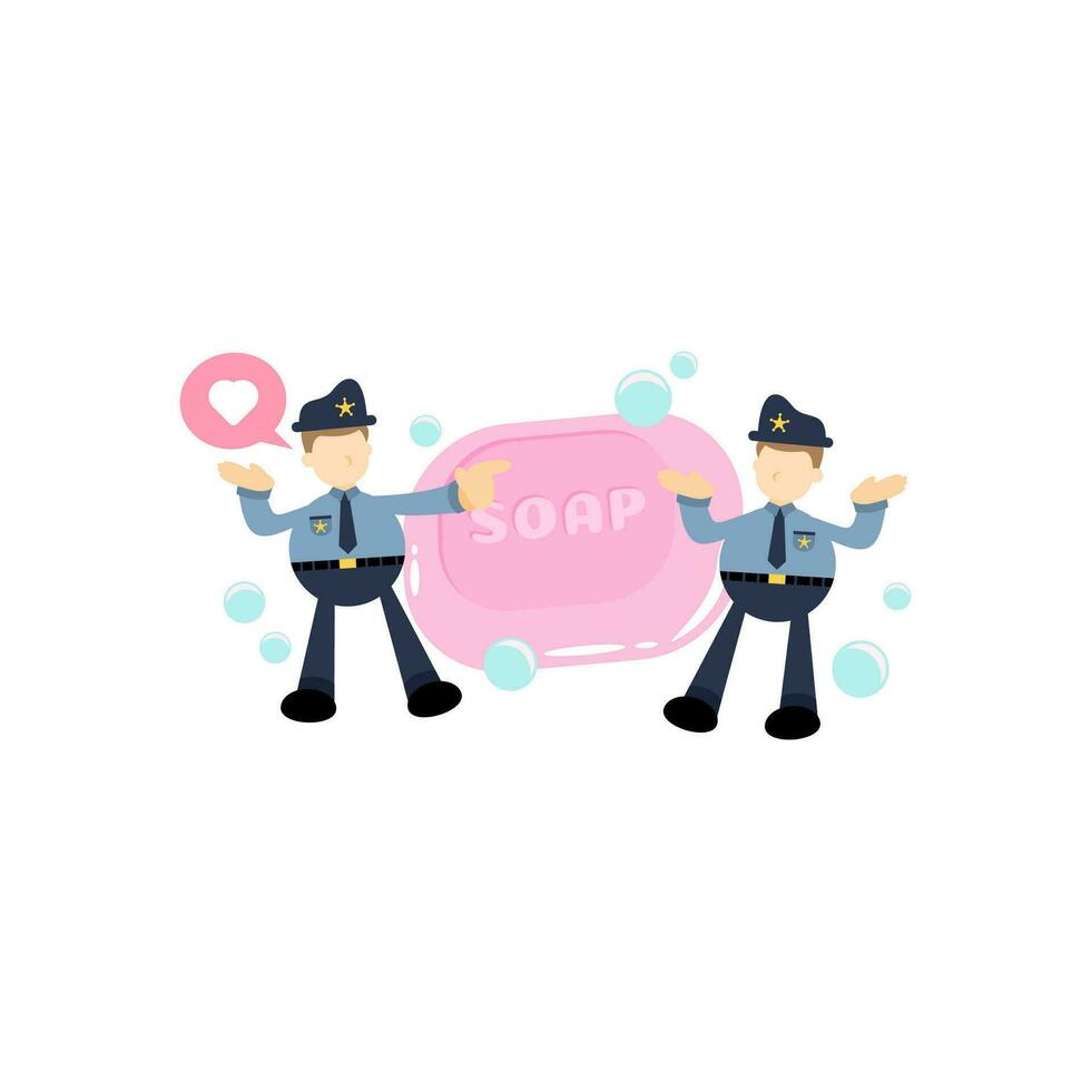 police and soap sanitizer hygene cartoon flat design illustration vector