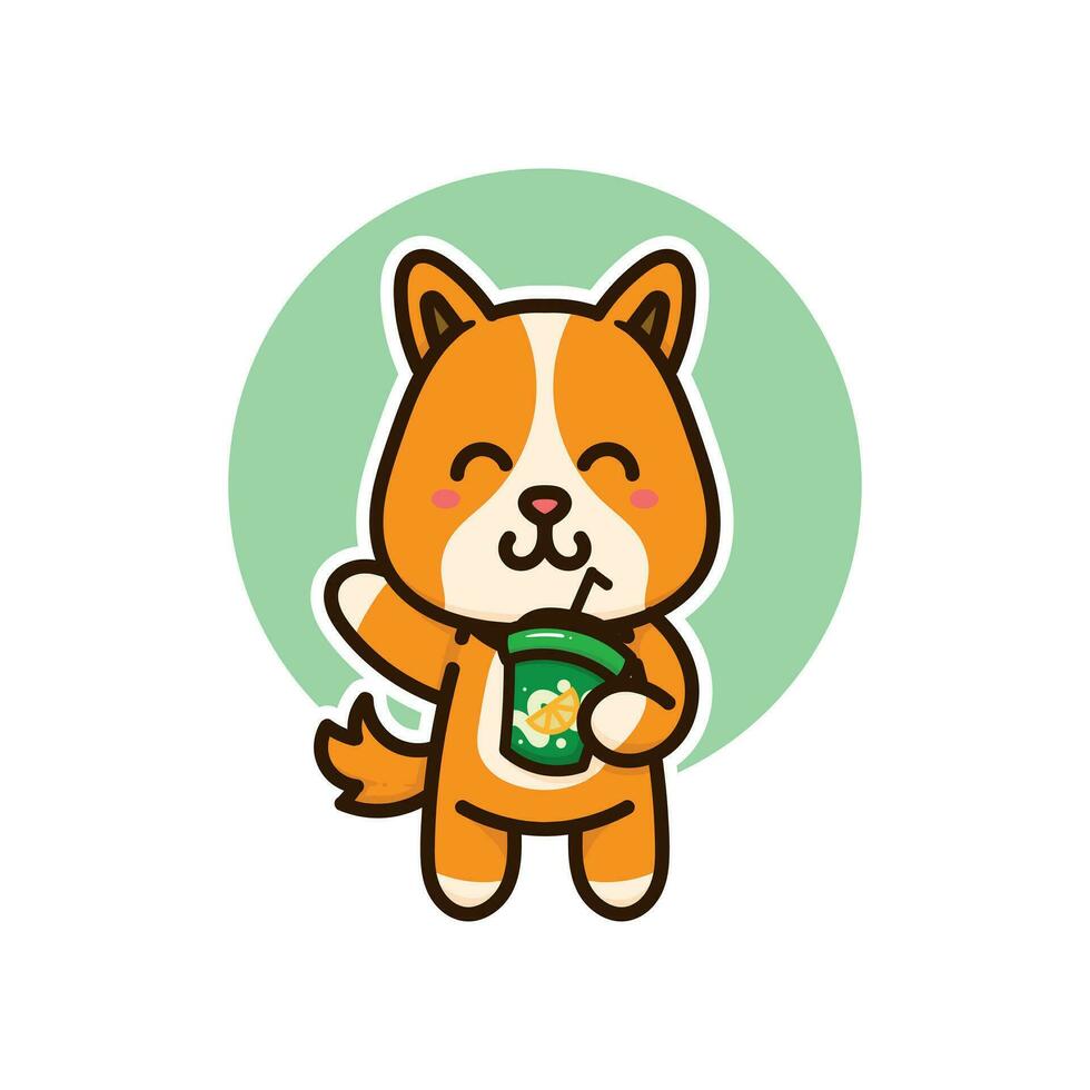 happy dog cute drink orange juice adorable cartoon doodle vector illustration flat design style