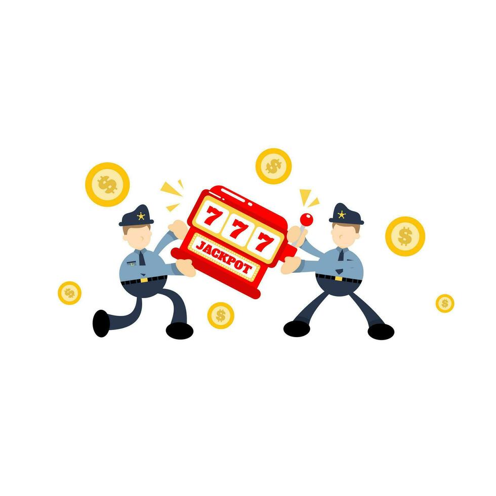 police officer and casino slot game cartoon doodle flat design style vector illustration