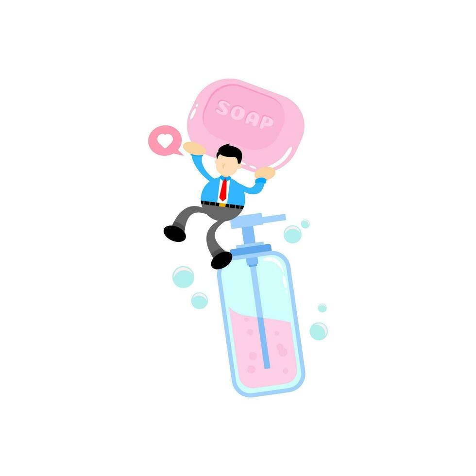 businessman and soap sanitizer hygene cartoon flat design illustration vector