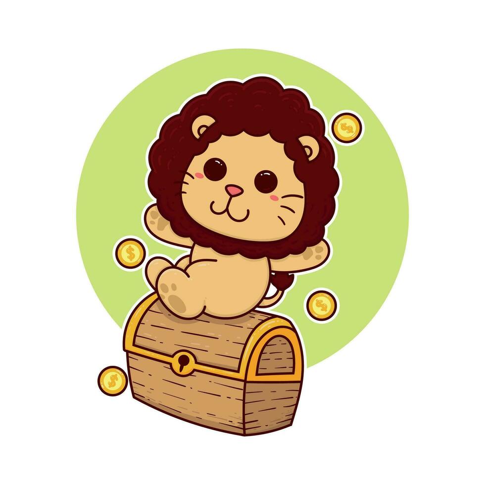 happy cute lion treasure box adorable cartoon doodle vector