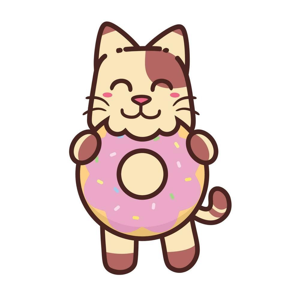 Cute Adorable Happy Brown Cat Eat Doughnut With Pink Cream cartoon doodle vector illustration flat design style