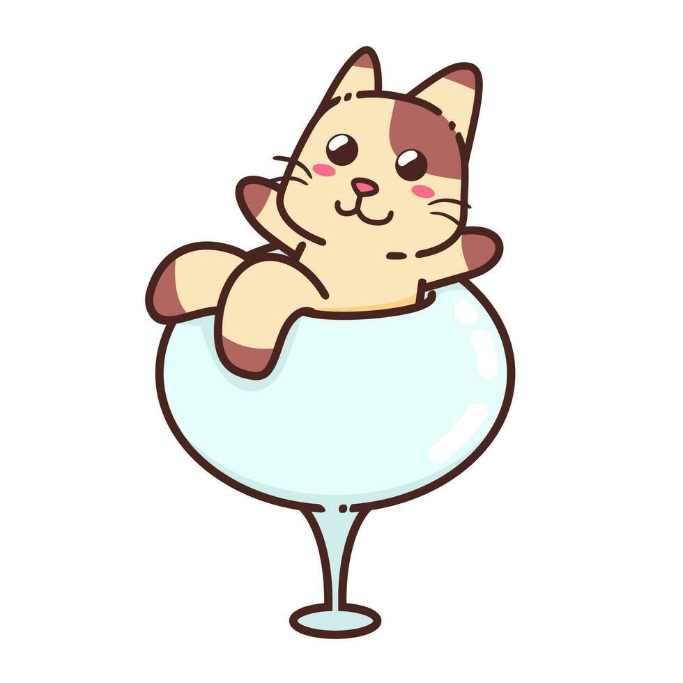 Cute Adorable Happy Brown Cat Relax on Wine Glass Character cartoon doodle vector illustration flat design style