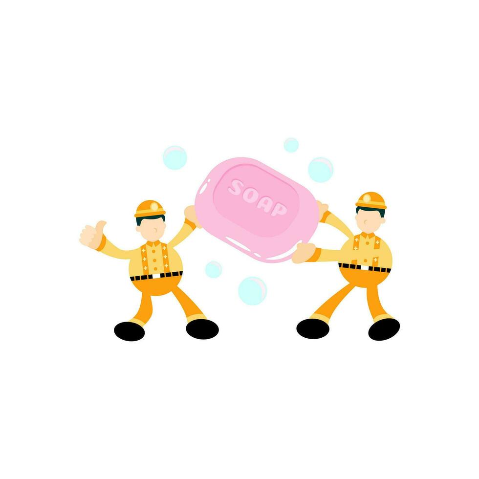 engineer and soap sanitizer hygene cartoon flat design illustration vector